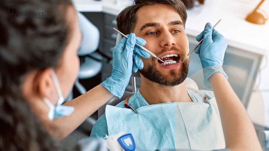 Close-up medical illustration of a dental implant replacing the missing tooth root and crown